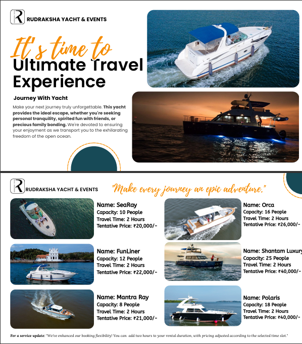 Rudraksha Yacht Fleet 1 – SeaRay, Orca, FunLiner, Shantam Luxury, Mantra Ray, Polaris